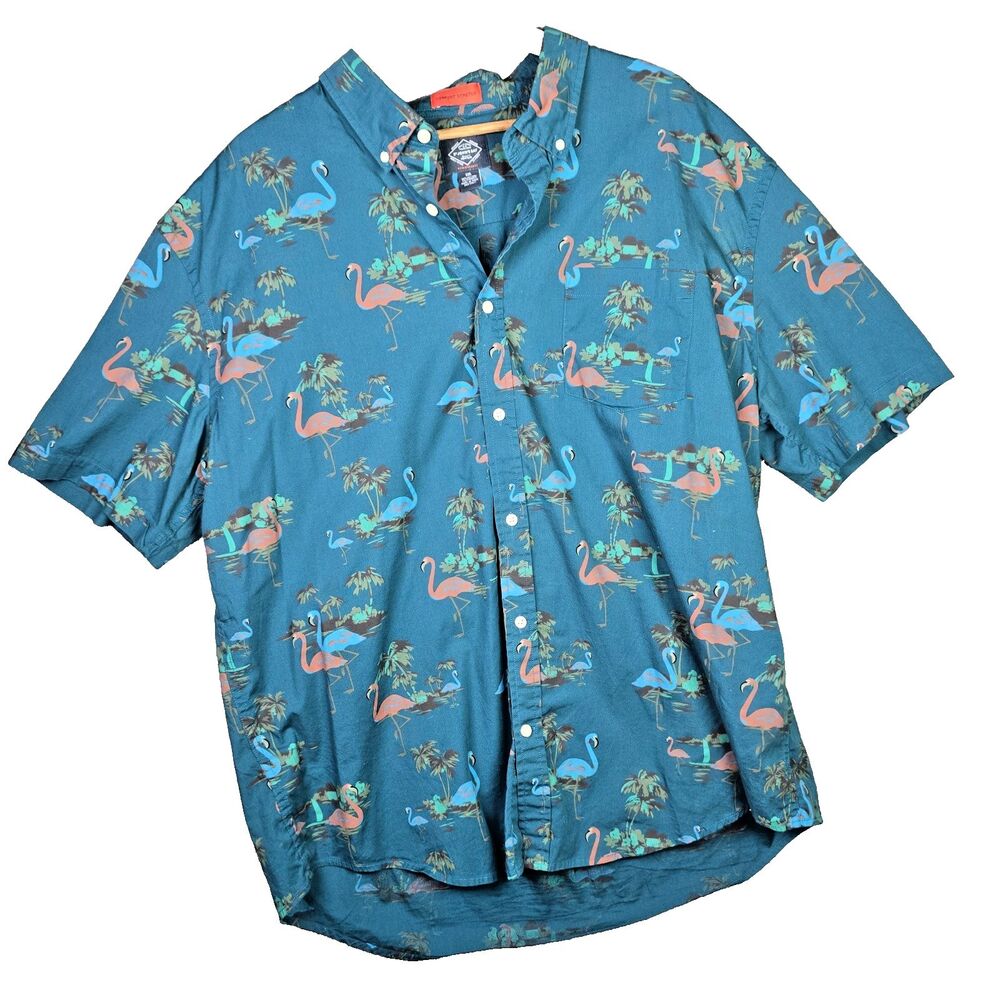St Johns Bay Performance Shirt Teal XXL Flamingo Tropical Oversized Camp